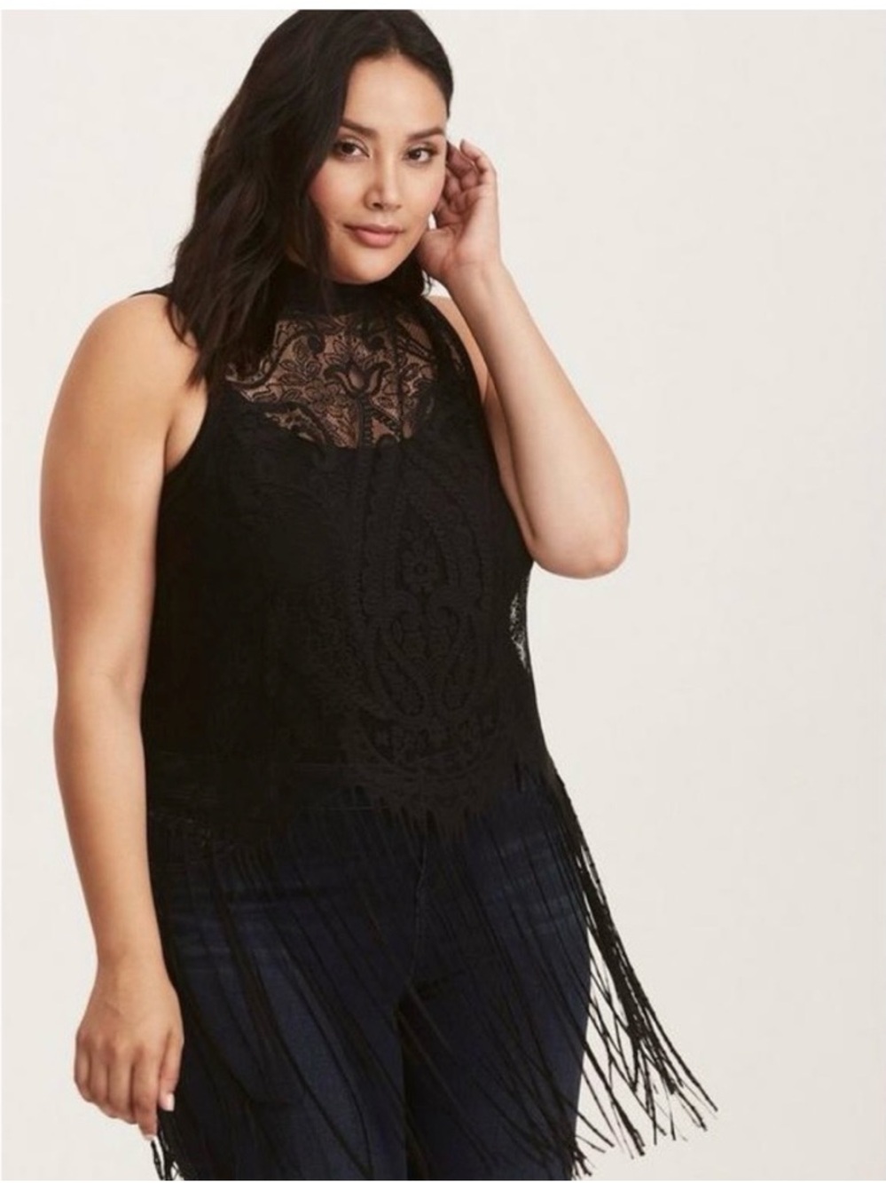torrid Black Sheer Lace Fringe Mock Neck top